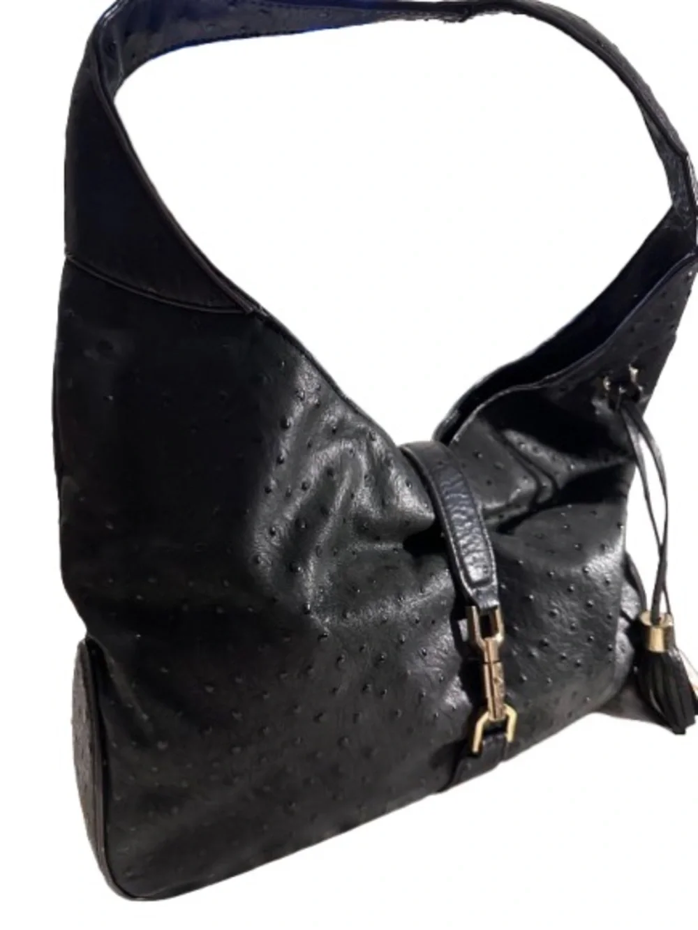 G.I.L.I. Black Ostrich-Embossed ‘Verona’ Hobo with Tassel and Gold Hardware
